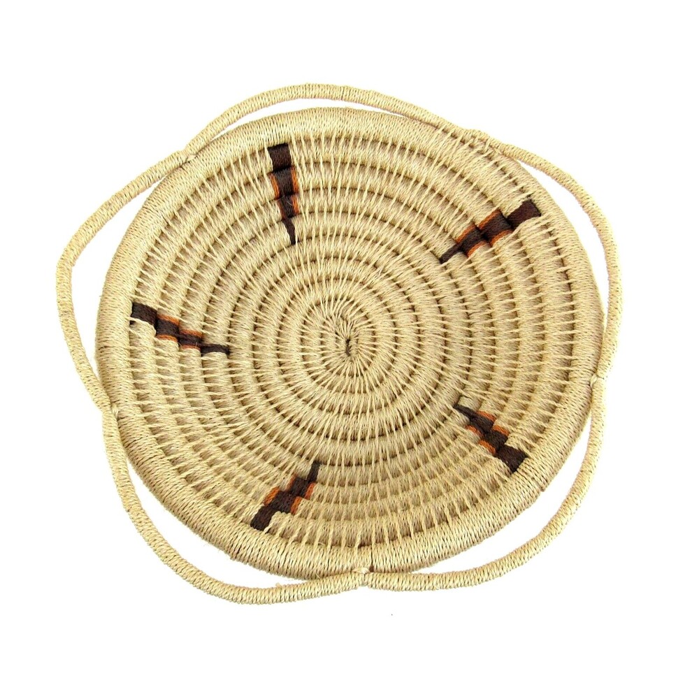 Hand Woven Coiled Basket w/Handles Beige Maroon Orange Home Decor 12"- 13.5"